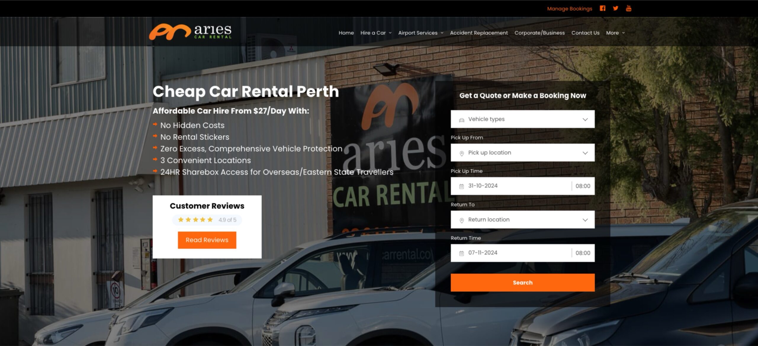 Aries Car Rental Perth - homepage screen